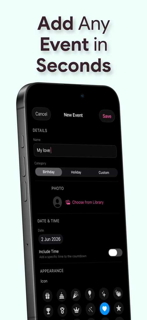Birthday Countdown Day Counter - iPhone interface for adding a new event in the Birthday Countdown app with custom date and icon options