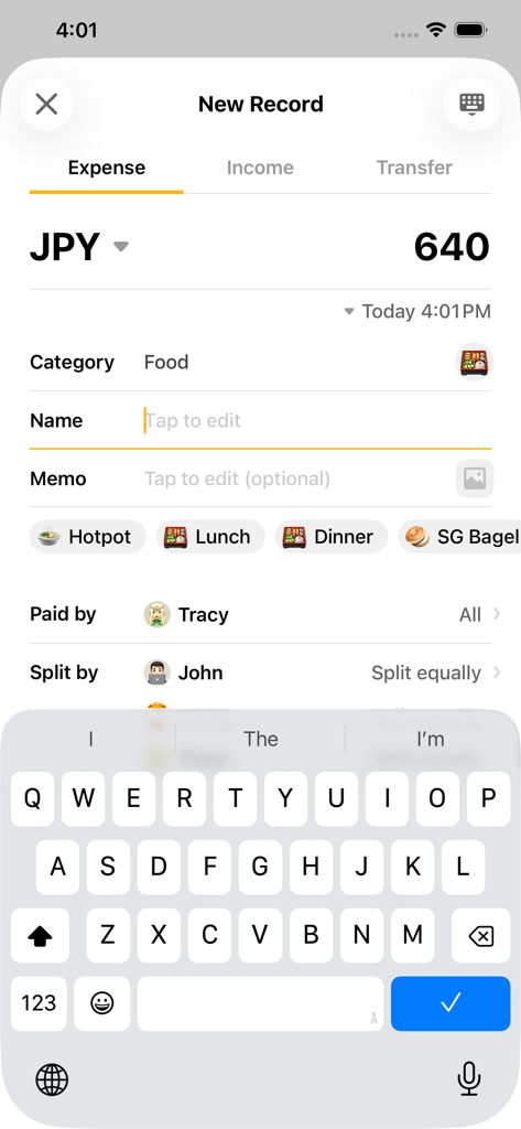 Bill Bear - Interfaccia dell'app Bill Bear per la registrazione di una nuova spesa condivisa in Yen giapponese.