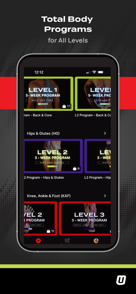 MoveU - MoveU app interface displaying total body programs for all levels categorized by body regions such as back, core, hips, and knees.