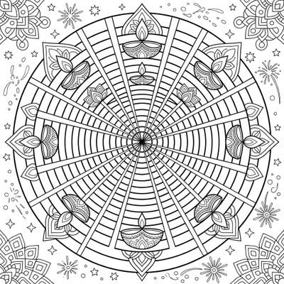 Discover a truly unique coloring experience with this Diwali-themed design, merging the intricate beauty of a Fresnel lens with traditional festive elements. Featuring elegant diyas and radiant patterns, it's perfect for celebrating the festival of lights with a creative touch.