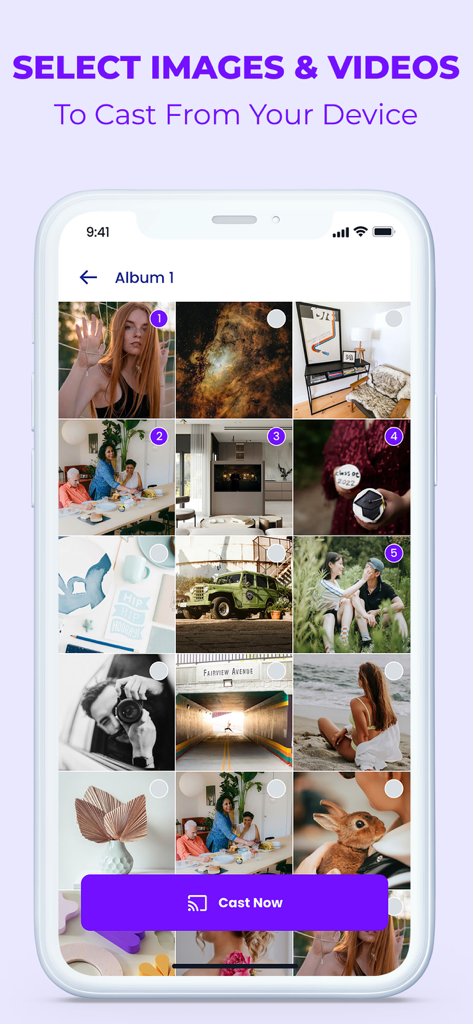 Écran d'iPhone montrant plusieurs photos sélectionnées dans l'application Screen Cast avec un bouton Cast Now en bas