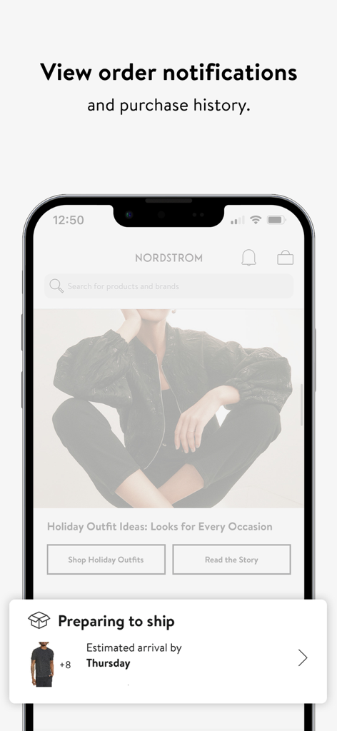 Nordstrom app showing order shipping notification and estimated arrival date