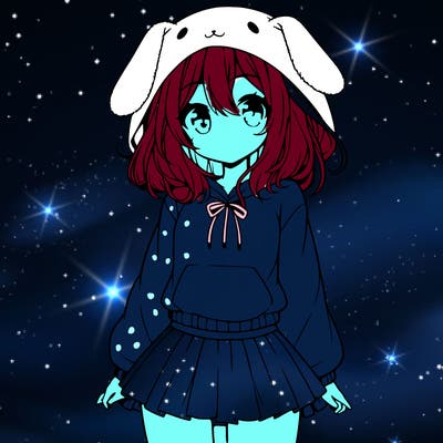 pretty anime girl wearing a fluffy hoodie with bunny ears on the hood and a skirt