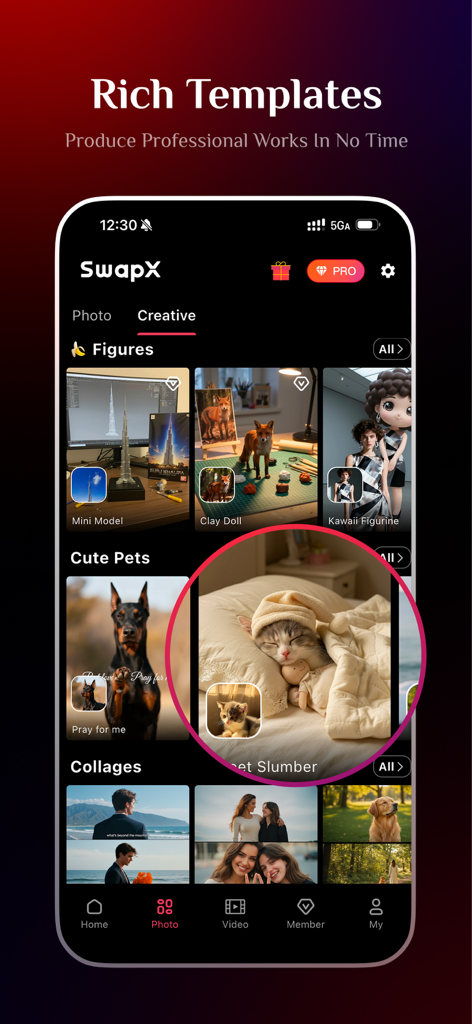 SwapX: AI Video&Photo Creator - SwapX mobile app interface displaying a variety of AI creative templates for photos and videos including figures and pets.