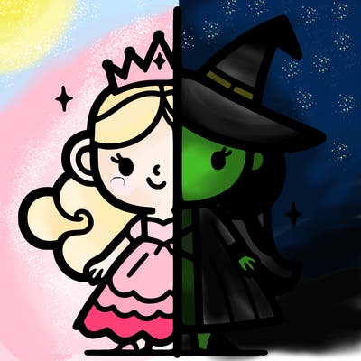 detailed split of a princess and a witch