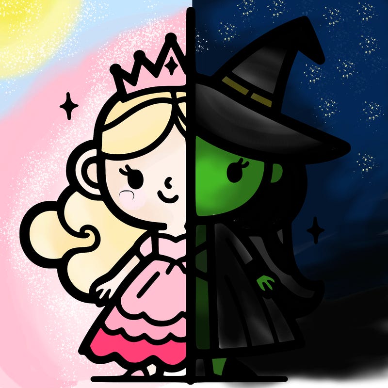 detailed split of a princess and a witch