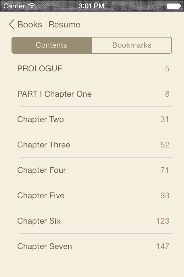 TotalReader for iPhone - The BEST eBook reader for epub, fb2, pdf, djvu, mobi, rtf, txt, chm, cbz, cbr - Table of contents view in the TotalReader app for iPhone showing book chapters and page numbers.
