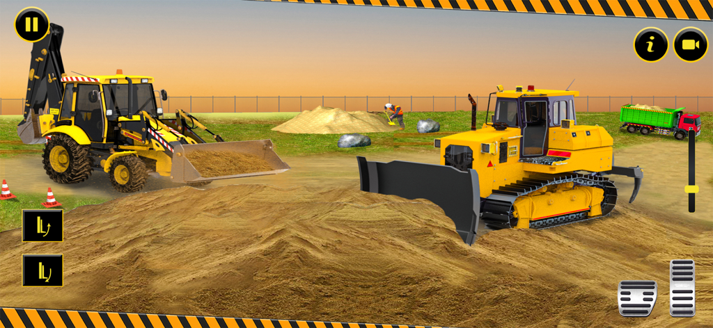A yellow bulldozer and excavator working on a dirt mound in a construction simulator game