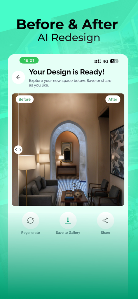 AI Interior Design - RoomStage - Ein Vorher-Nachher-Vergleich einer KI-Innenarchitektur-Neugestaltung, die ein möbliertes Wohnzimmer mit einer Bogenarkade zeigt.