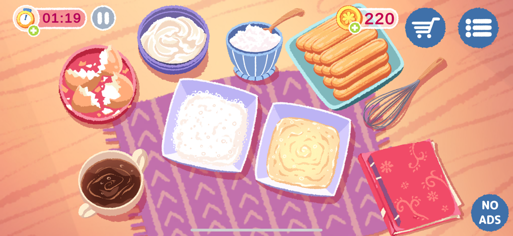 Top down view of cooking ingredients and kitchen tools in a cozy simulation game