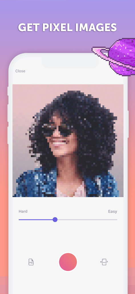 PixelArt by Picsart - Smartphone screen showing the PixelArt by Picsart app converting a portrait photo into pixel art.