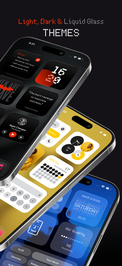 NewThing Widgets Pro - Three iPhones showing aesthetic widget themes in light dark and liquid glass modes