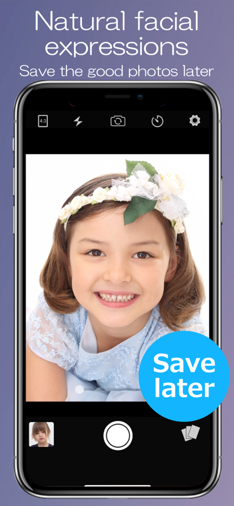 Photo++ ! - Interfaz de aplicación de cámara capturando a una niña sonriente con una opción de guardar para después