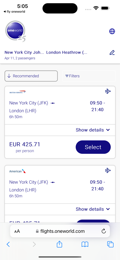 App Fly Oneworld che visualizza i risultati dei voli da New York a Londra con dettagli della compagnia aerea e prezzi