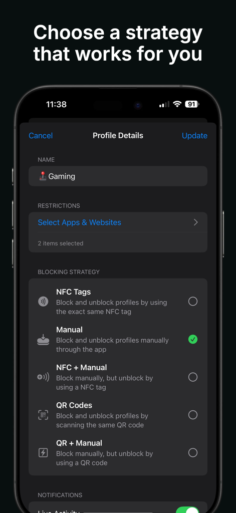 Foqos - Tap to Block - Foqos app interface for choosing a blocking strategy like NFC tags or QR codes to manage focus