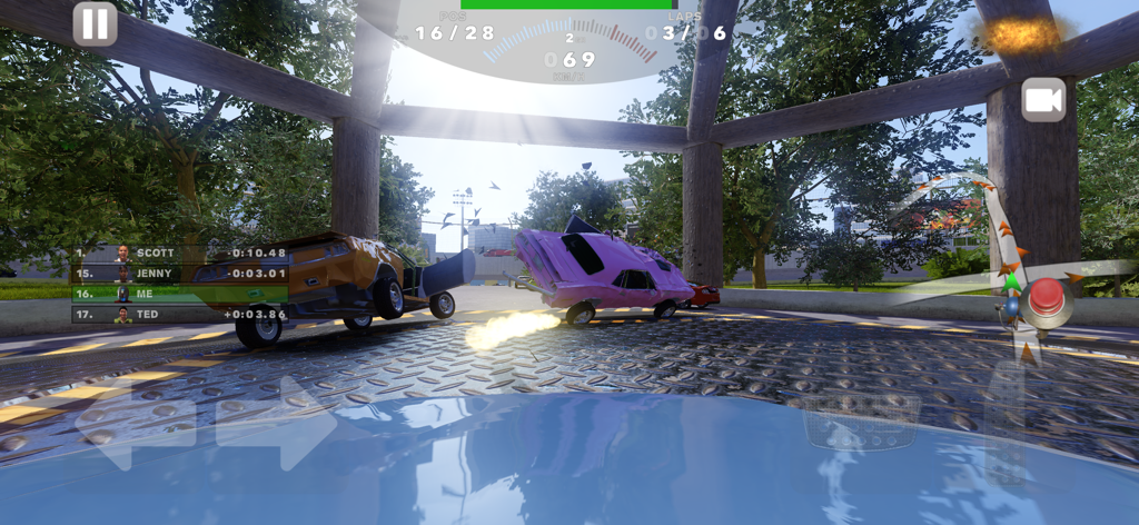 Two damaged cars colliding and deforming in a demolition derby arena