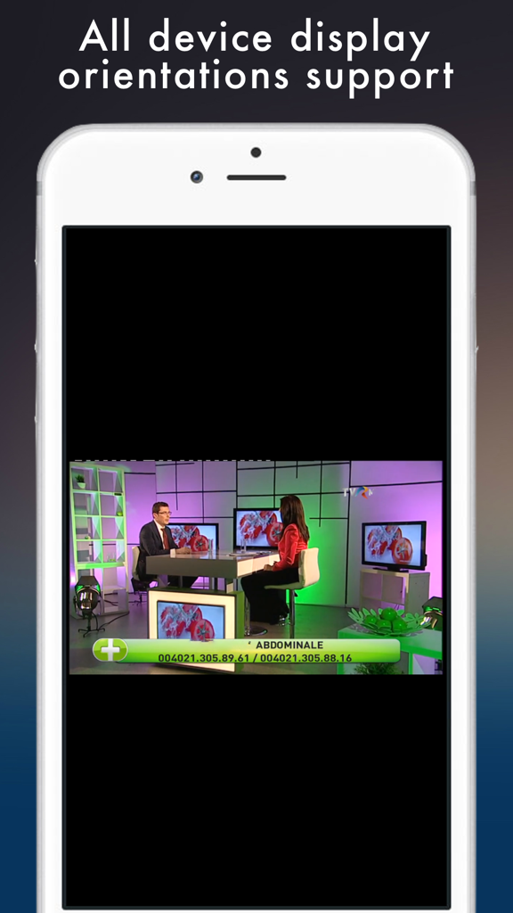 TV Românesc - Romanian TV live - Pantalla de smartphone mostrando un programa de entrevistas rumano en vivo con texto que indica soporte para todas las orientaciones de pantalla del dispositivo