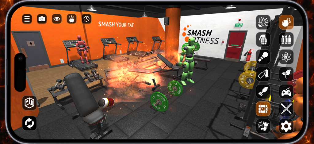 Room Smash - Gameplay screenshot of Room Smash showing physics-based destruction in a gym environment.
