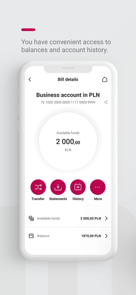 Mobile interface of Bank Millennium for Corporate app displaying business account details and available funds in PLN.