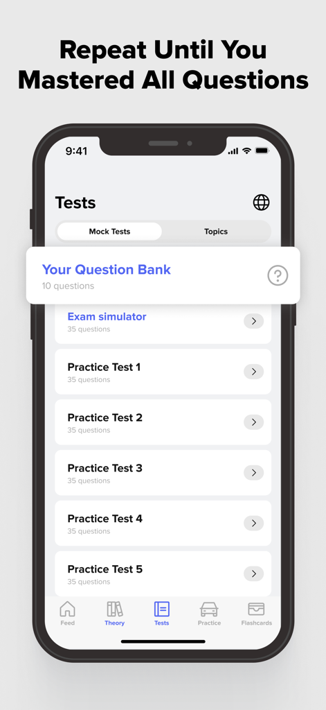 Driving Theory Test Prep 2025 - Pantalla de pruebas simuladas y simulador de examen en la aplicación Driving Theory Test Prep 2025.