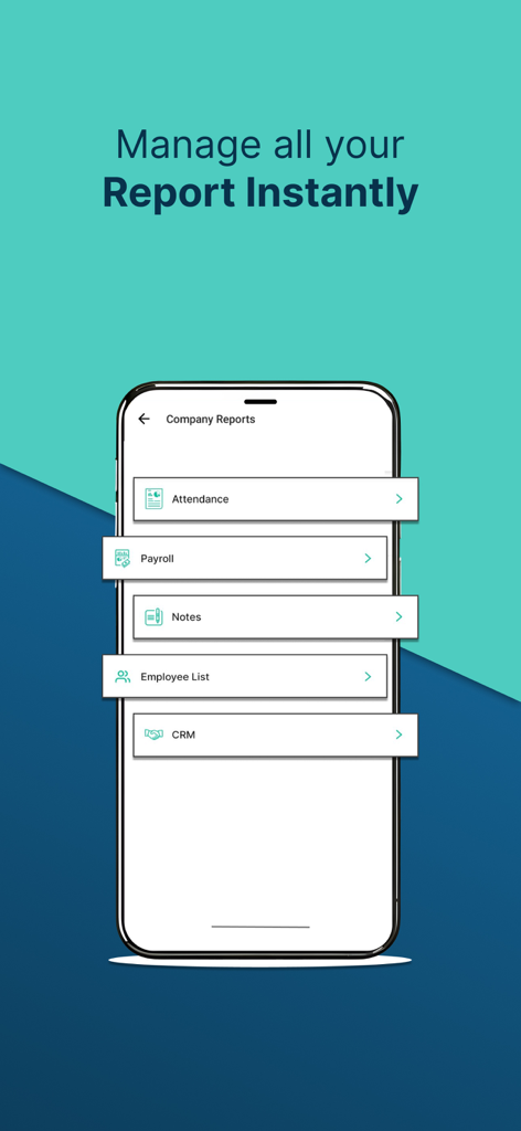 SalaryBox mobile app interface displaying a menu for company reports including attendance and payroll