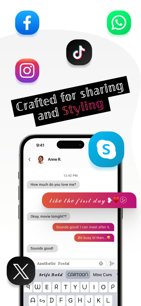 Fonts AI - La aplicación Fonts AI mostrando fuentes personalizadas e integración de teclado para mensajería en redes sociales