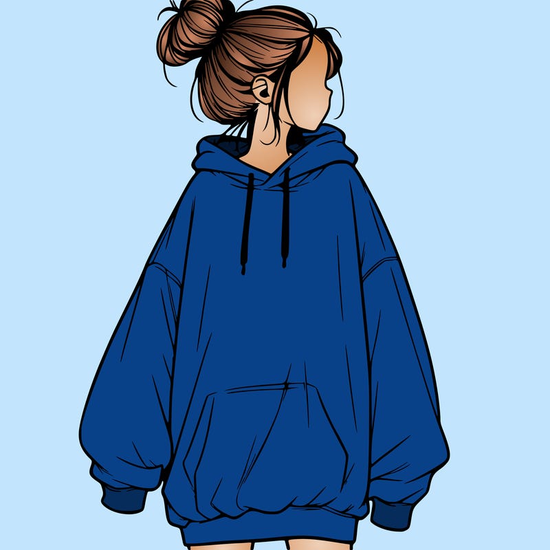 realistic girl with a oversized sweatshirt on and a bun