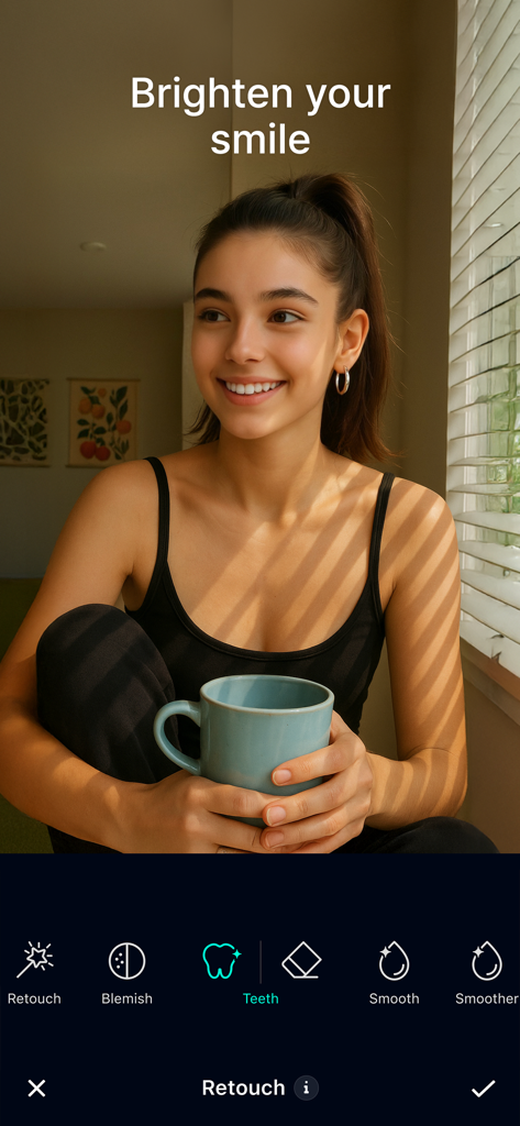 GlowUp 앱 보정 인터페이스에 미소를 밝게 하는 치아 미백 도구가 표시됨