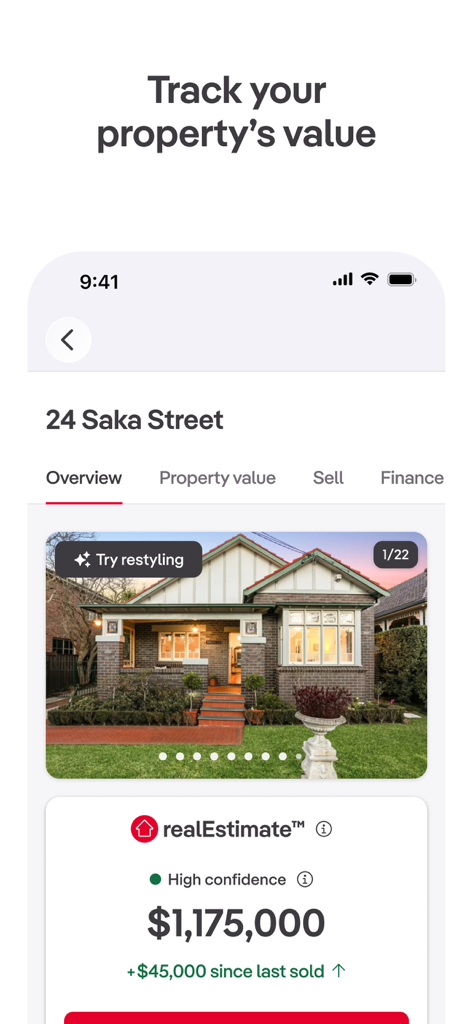 realestate.com.au - Property - Tela móvel mostrando uma estimativa de valor de propriedade de $ 1.175.000 para uma casa na Saka Street.