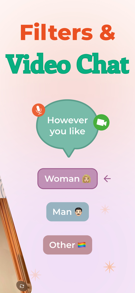Interface of the OMG Video Chat app showing gender selection filters for women, men, and others.