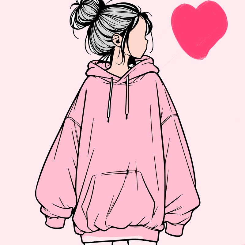 realistic girl with a oversized sweatshirt on and a bun