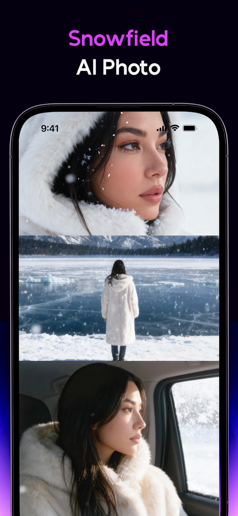 Interface do aplicativo AI Mirror exibindo o estilo de foto AI Snowfield com retratos de inverno