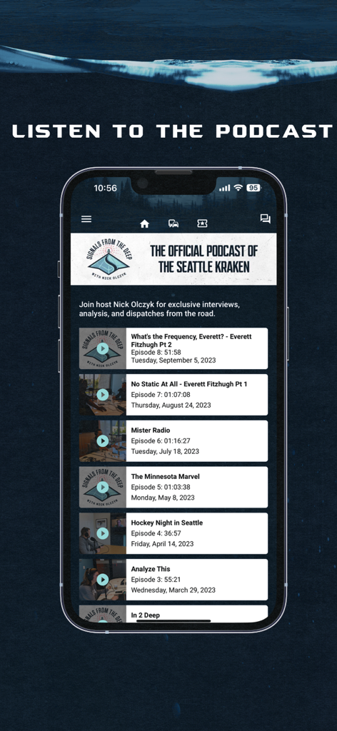Seattle Kraken - Official Seattle Kraken podcast episode list displayed on the mobile app