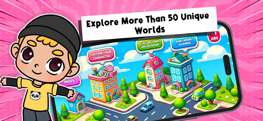 PlayWorld: Create Your Story - A cartoon character standing next to a smartphone showing a colorful digital world in PlayWorld