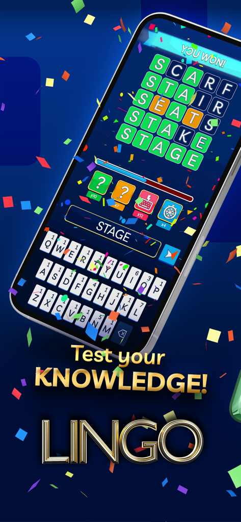 Lingo - official word game - 떨어지는 축구와 함께 완성된 단어 퍼즐을 보여주는 링고 모바일 앱의 승리 화면