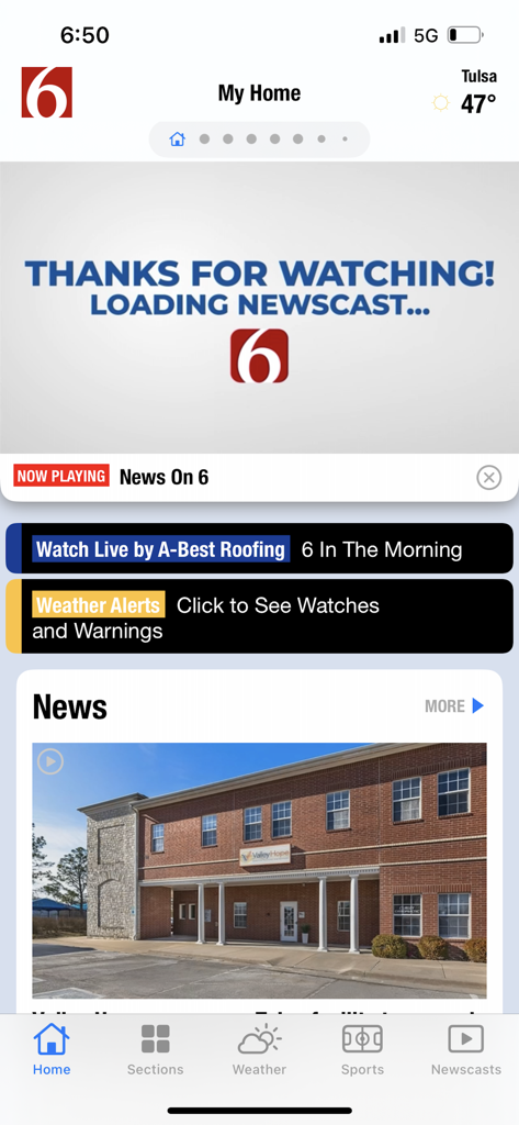 News On 6 - The home screen of the News On 6 app featuring local Tulsa news and weather alerts.