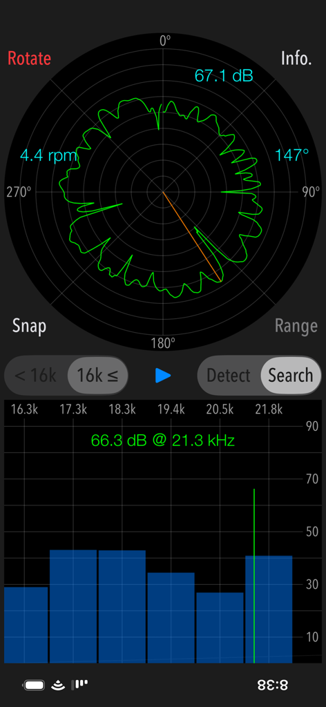 Mosquitone Detector app interface in Search mode showing a circular radar graph to find the direction of high frequency noises