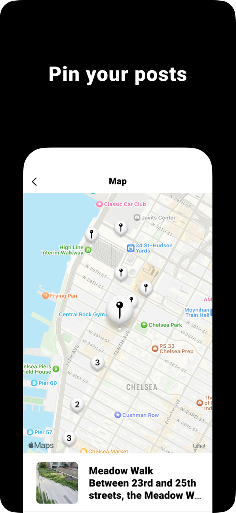 Un écran de carte dans GuideApp montrant des lieux culturels épinglés et des points d'intérêt dans le quartier de Chelsea à New York.