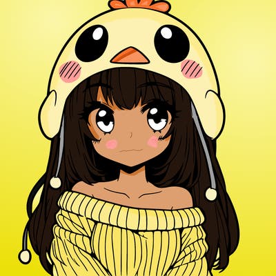 anime girl with chick shaped hat with sweater with bare shoulders with bangs covering them one eye with low tail
