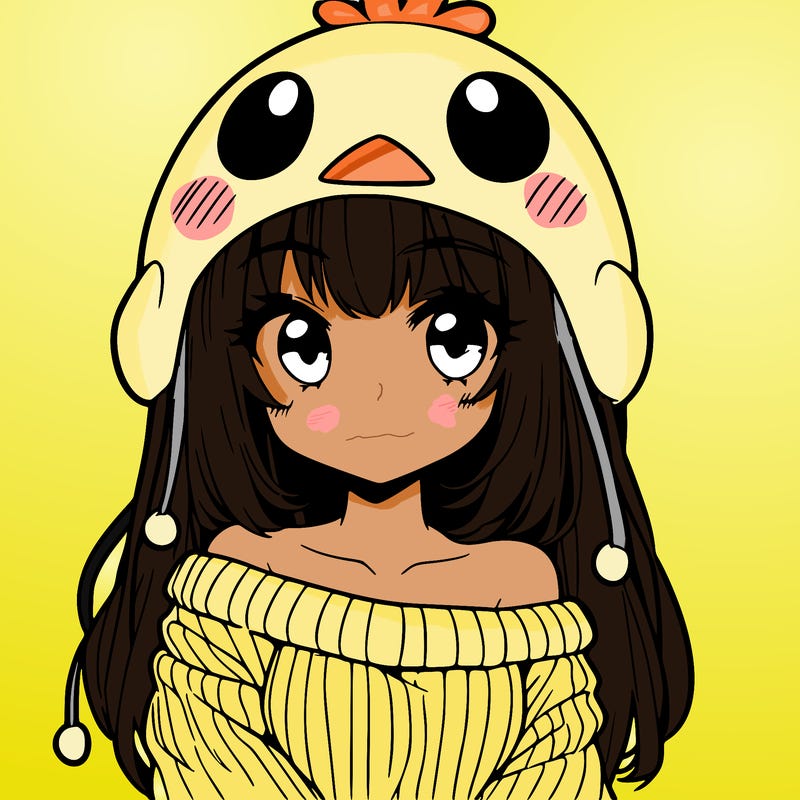 anime girl with chick shaped hat with sweater with bare shoulders with bangs covering them one eye with low tail