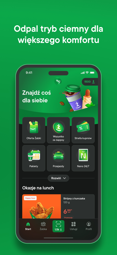 żappka: zakupy, promocje Żabka - żappka 모바일 앱의 스크린샷으로 로열티 리워드 및 서비스 바로 가기 기능이 포함된 다크 모드 인터페이스 표시
