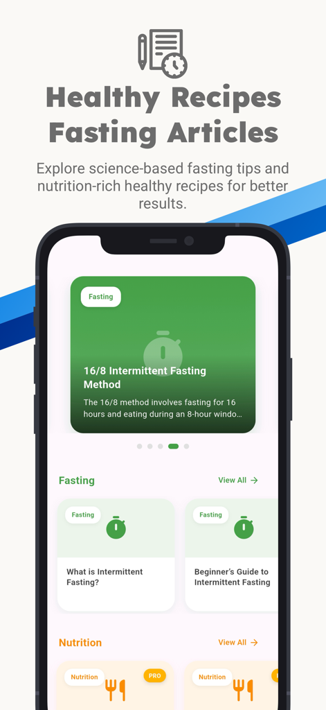 FastUp: Ai Calorie Tracker - FastUp app screen displaying healthy recipes and intermittent fasting education articles.