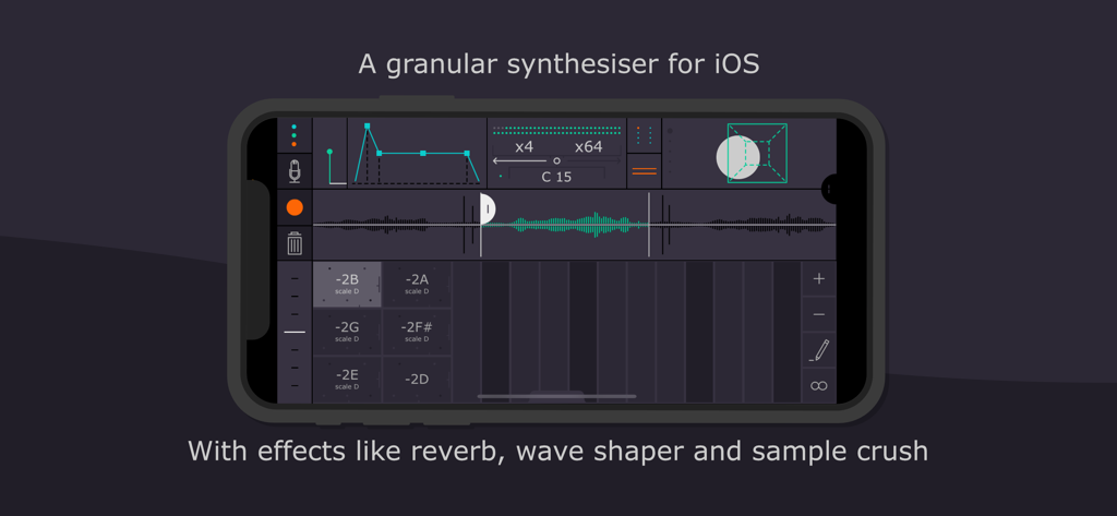 Interfaccia dell'app del sintetizzatore granulare Tardigrain su iPhone che mostra la forma d'onda audio e i controlli degli effetti sonori