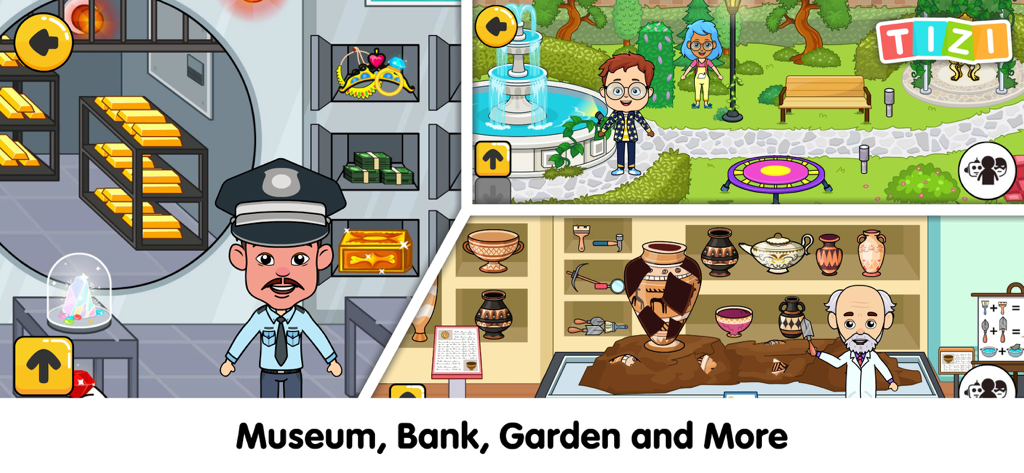 Tizi Town - My World - Charaktere erkunden einen Banktresor, einen Garten und ein Museum in Tizi Town My World.