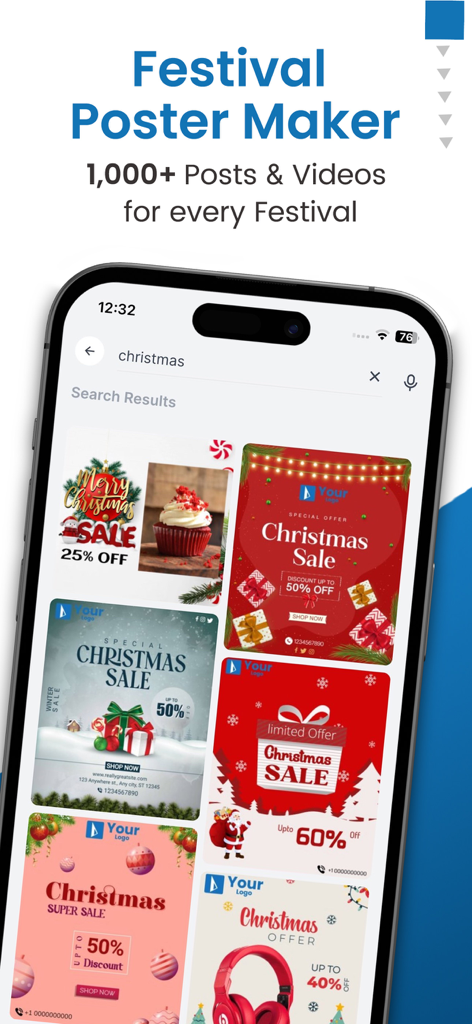Brands.live - Festival Post - Brands live app interface showing various Christmas sale and festival poster templates for businesses