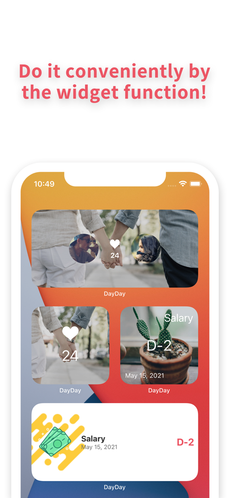 iPhone Home-Bildschirm mit angepassten ästhetischen Countdown-Widgets für Beziehungen und Gehaltserinnerungen