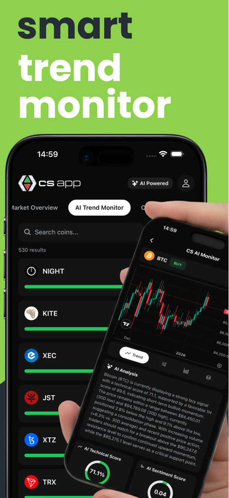 Smartphone-Bildschirme mit KI-gestütztem Krypto-Trend-Monitor und technischer Analyse für Bitcoin
