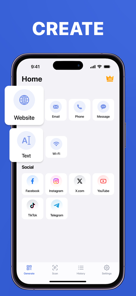 Interfaz de la aplicación móvil para generar códigos QR con opciones para sitios web, redes sociales e información de contacto