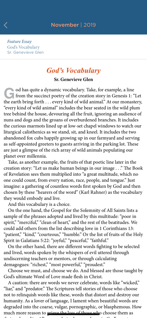 Give Us This Day - A feature essay screen titled Gods Vocabulary by Sr Genevieve Glen within the Give Us This Day prayer app