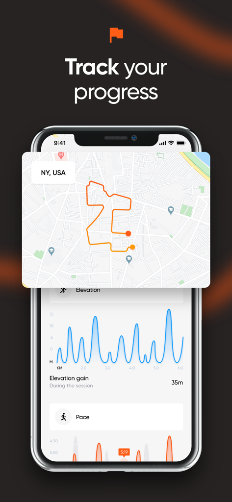 Running Coach - Run & Walk - Smartphone screen showing a GPS running route on a map and detailed elevation charts within the Running Coach app.